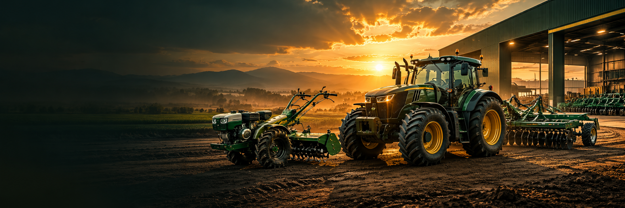 Tractor, power tiller and disc harrow outside a machinery shed at sunset