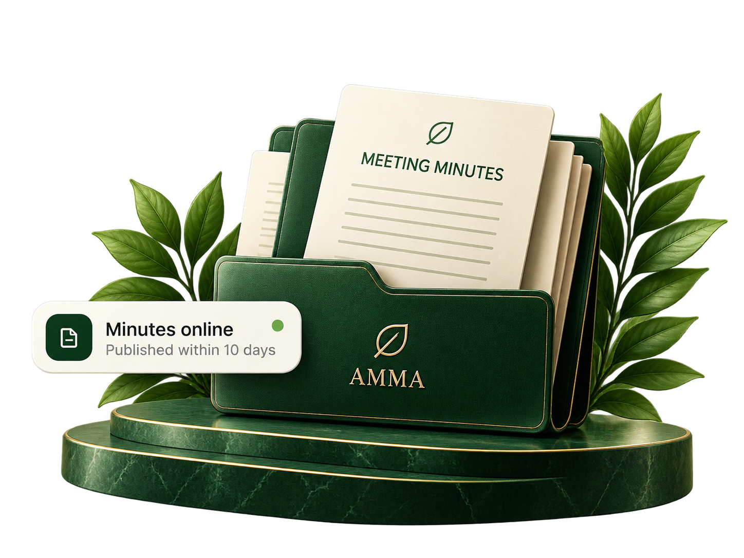 AMMA meeting minutes folder on a green marble pedestal — minutes published within 10 days